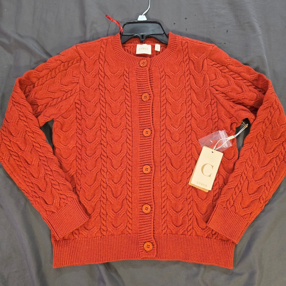 Cyrus Cable Knit Cardigan Sweater XS NWT Spicehealth Orange Button Crewneck $99